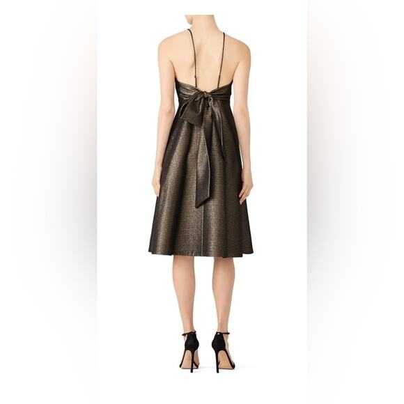 Halston Heritage Dress sz 6 Brown Halter Glitter Bow Back Midi Formal Fit Flare - Picture 3 of 4